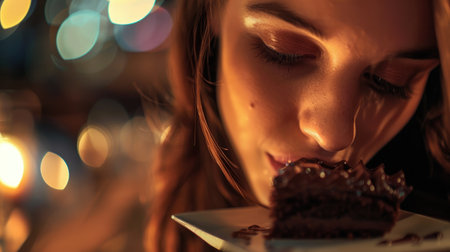 A woman is smiling as she smells a piece of chocolate cake on a plate. The dessert is a delicious baked good, perfect for a birthday celebration AIG50の素材