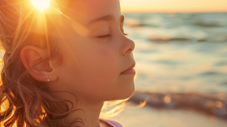 A happy little girl sits on the beach with her eyes closed, feeling the warmth of the sunlight on her face. Her nose wrinkles in a smile as she listens to the water and feels the breeze in her hair AIG50の素材