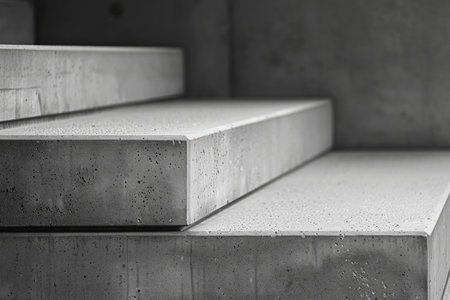 A close up of architectural staircase with light and shadow and was built by cement. Abstract stone stair with black white, abstract step in city. Represented stepping, growth, development. AIG42.の素材