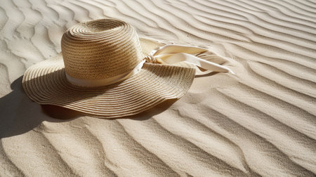 A straw hat rests on a sandy beach, blending in with the natural landscape composed of soil, wood, and aeolian landforms. Terrestrial animals and wildlife may be seen in this macro photography scene AIG50の素材