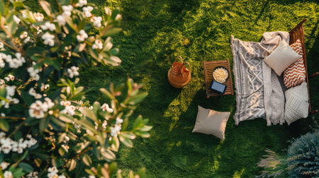 A picnic blanket is spread out on a vibrant green lawn surrounded by tall trees, shrubs, and colorful flowers, creating a picturesque tableau for a relaxing outdoor event AIG50の素材