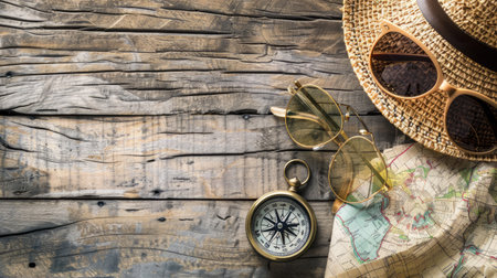 A stylish display of a hat, compass, sunglasses, and a map on a wooden table. The wood adds an artistic touch to this collection of travel essentials AIG50の素材