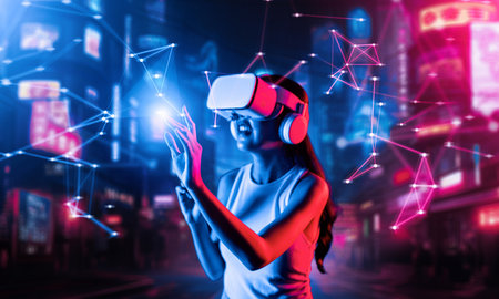 Smart female standing in cyberpunk style building in meta wear VR headset connecting metaverse, future cyberspace community technology, Woman using two fingers touching virtual object. Hallucination.の写真素材