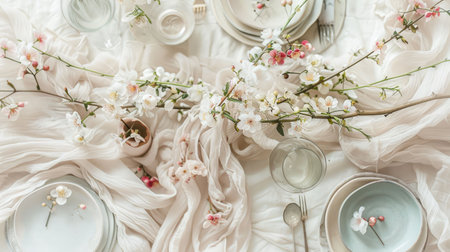 A beautifully arranged table featuring plates, silverware, and a stunning centerpiece of flowers including roses. The peachcolored petals add a touch of elegance to the creative arts display AIG50の素材