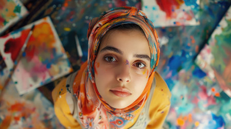 The close up picture of the woman is looking at camera inside her workshop that has been filled with various colourful colour on her background, the artist require creativity and art technique. AIG43.の素材