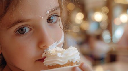 The little girls face is covered in frosting, with a smile on her mouth and a hint of frosting on her nose. Her eyes sparkle with joy as she looks ahead AIG50の素材