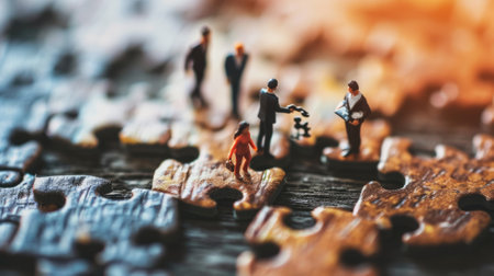 The miniature varies group of employed people that standing still on the uncompleted jigsaw board trying to work together to find the solution for the problem that they talking to each other. AIGX03.の素材