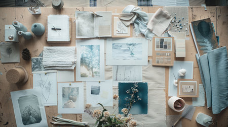 A fusion of pictures and fabrics on a wall creates a stunning collage of art. Electric blue petals, flowers, and paper products add a unique touch to the facade AIG50の素材