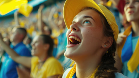A happy fan in a yellow shirt is celebrating with a gesture, smiling and screaming in the air, enjoying the fun event surrounded by a lively crowd. AIG41の素材