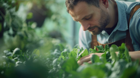 Close up of professional smart agricultural worker checking and inspecting plant. Attractive smart farmer taking care of agricultural product and harvest crop at green house. Farmer concept. AIG42.の素材