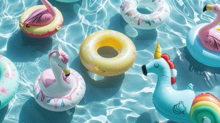 Colorful floats are drifting in the aqua water of a swimming pool, creating a vibrant and lively scene amidst the natural green landscape for leisurely activities AIG50の素材