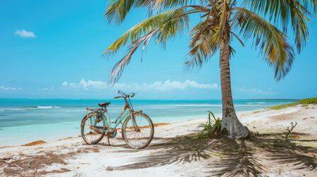 A bicycle with its tire against a palm tree on the beach, under a cloudy sky with water in the background, blending with nature AIG50の素材