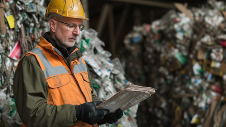 Smart engineer checking iron machine in factory while wearing safety helmet. Professional industrial worker repairing or examining machinery part or turbine machine while holding chart form. AIG42.の素材