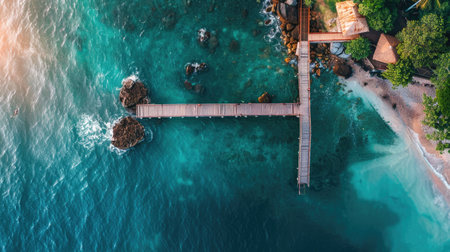 An aerial view of a tropical island showcasing a dock extending into the aqua water leading to a beautiful beach surrounded by lush green trees and natural landscape AIG50の素材