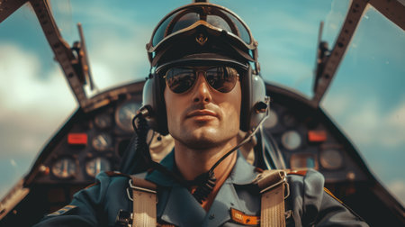 Portrait of attractive pilot wearing pilot uniform while standing with sky background and blurring background. Professional fly man and air man standing and looking for far away with confident. AIG42.の素材