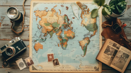 An intricate map of the world is elegantly displayed on a wooden table. The intricate patterns and font create a beautiful piece of art AIG50の素材