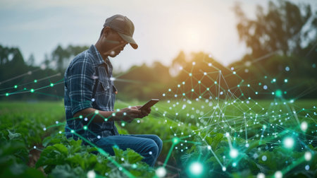 Professional worker using tablet to analyze agricultural product at farm. Professional farmer holding tablet and using innovation technology while monitor crop at garden. Agricultural concept. AIG42.の素材