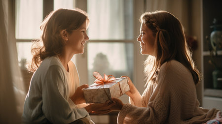 A photo of a young woman giving a gift to her mother AIG51A.の素材