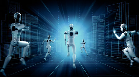 MLP 3d illustration Running robot humanoid showing fast movement and vital energy in concept of future innovation development toward AI brain and artificial intelligence thinking by machine learning. 3D illustration.の写真素材