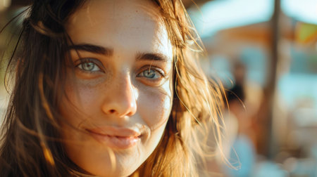 A happy woman in an apron is flashing a smile at the camera during a leisure event at a restaurant, showcasing her joy and fun in this travel moment AIG50の素材