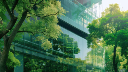 The picture of glass or mirror structure that reflect everything on the opposite like tree, the building has been surrounded with a lot of the green trees, the mirror reflect light from sun. AIG43.の写真素材