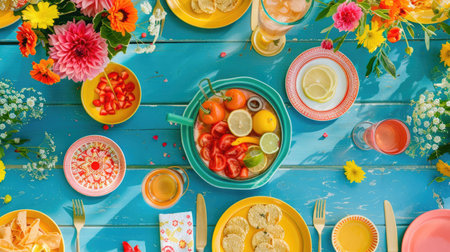 An intricate table setting with colorful dishware and drinks arranged in a circular pattern, resembling a painting of a vibrant aquatic organism AIG50の素材