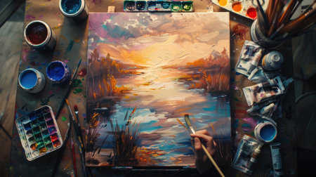 An art piece of a sunset displayed on canvas with paint tubes and brushes on a table. The colors include electric blue, resembling automotive exterior, against a building backdrop reflecting on water AIG50の素材