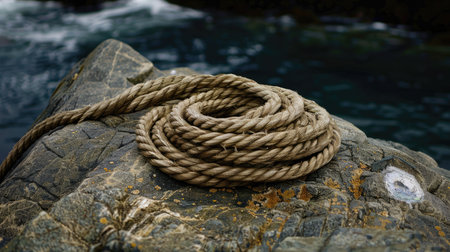 A rope is tethered to a rock by the fluid landscape of water, swaying with each wind wave. The electric blue waves create a mesmerizing art event AIG50の素材