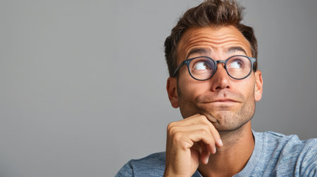 A man wearing glasses is thinking about something while looking up. AIG51A.の素材