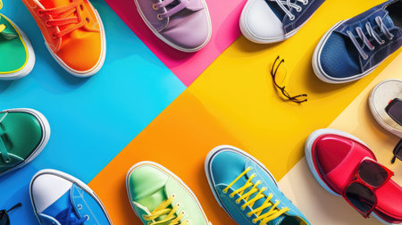 There is a variety of shoes and sandals displayed on a colorful background, including walking shoes, outdoor shoes, and electric blue and orange sandals. The vibrant display is like a work of art AIG50の素材