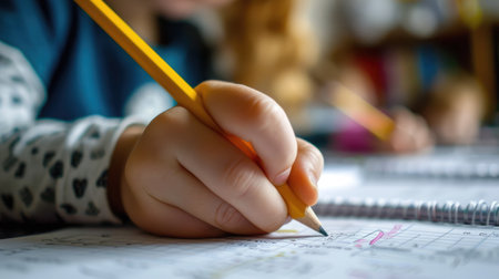 Close up of smart diverse children hand writing classwork at classroom. Attractive elementary student taking a note or doing homework while camera focus on learner holding pencil. Creative. AIG42.の素材