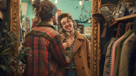 In the crowded city store, under the dim street lights, a man and a woman exchange smiles, creating an artful moment of connection. AIG41の素材