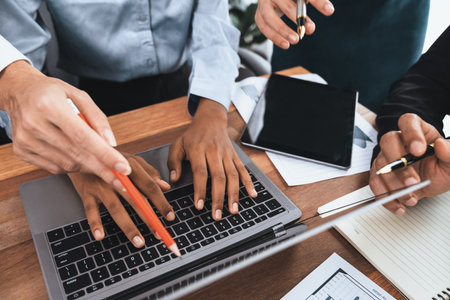 Diverse business people work together, discuss in corporate office. Professional teamwork discussing...