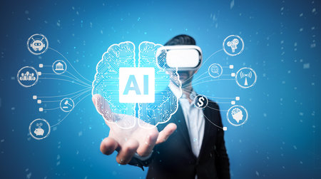 Caucasian business man using chat bot to support and assistant performance. Skilled investor using...