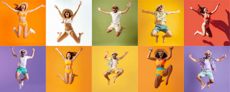 Summer people collection set, diverse people jumping on colorful background, many people funny jump wearing summer outfit fashion ready for swim and summer activity, summertime, beachwear AIG48の素材