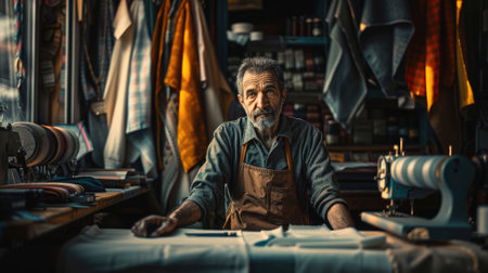 A picture of the tailor working inside the workshop measuring, design, customize and sewing a cloth, the tailor require attention to detail, creativity, communication skill and solving ability. AIG43.の素材