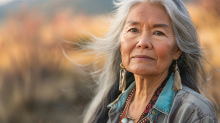 The picture of the american indigenous female standing inside the nature with calm and peaceful, the cultural consultant require skills like the cultural competence and communication skills. AIG43.の素材