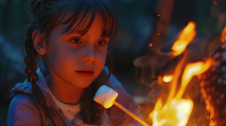 A young girl is enjoying the warmth and fun of sitting by the fire in the darkness of the night. The flickering flames cast a glow on her flesh as she watches the midnight event unfold AIG50の素材