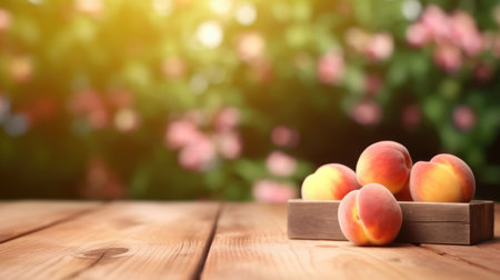 Ripe peaches on wooden table with peach tree background. A bunch of fresh peaches was placed on a wooden table with peach tree with blurring background. Harvest and organic fruit concept. AIG35.の素材
