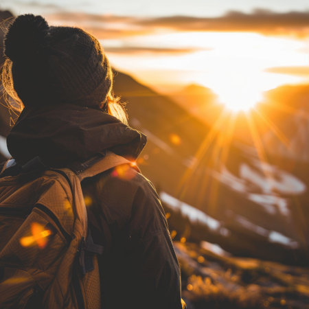 A woman in a cap and eyewear is happily looking at the sunset in nature, with the sun shining bright in the sky, creating a beautiful landscape AIG50の素材