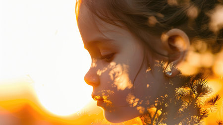 The closeup double exposure between the caucasian young girl and the beautiful vividly nature that the picture, it stands for the peaceful of the life or relaxation with the beautiful nature. AIGX01.の素材