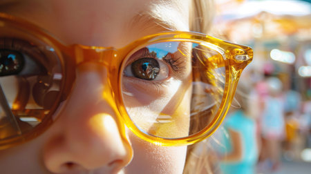 A closeup shot of a person in sunglasses by a pool, showcasing trendy eyewear and vision care. The azure background complements the stylish eye glass accessory AIG50の素材