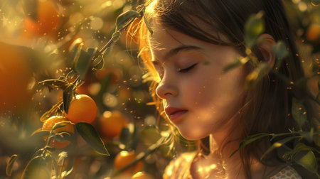 A young girl intimately engaging with the scent of a fresh citrus fruit in a sunlit grove. A young girl inhales the fresh scent of an orange amidst the warm glow of a citrus grove at sunset. AIG50の素材