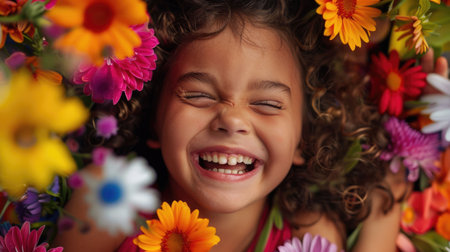 A young girl is beaming with a smile surrounded by vibrant flowers. The colorful petals cascade around her, creating a beautiful botanical scene perfect for a photograph AIG50の素材