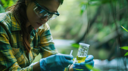 A female scientist in a lab coat is collecting a water sample from a river in a natural landscape, surrounded by trees, grass, and a clear blue sky AIG50の素材