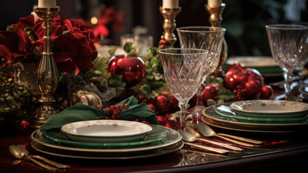 The picture of the luxury dining room that has been prepared for the ceremony, anniversary or just normal business dining that the table fill with silverware, plate, utensil and the wineglass. AIGX01.の素材