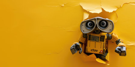 Close up view picture of the hollow yellow hole on the the wall that show the robot stay inside the wall that has been made from some material yet still can break to look through other side. AIGX03.の素材