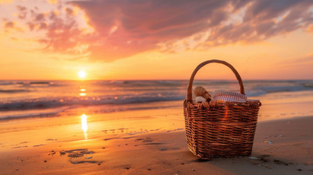 A picnic basket with food and wine on the beach at sunset, overlooking a calm body of water with boats in the distance and colorful clouds in the sky AIG50の素材