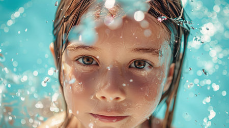 The little girl is gazing out of the window, nose pressed against the glass, watching the fluid movement of water in a swimming pool AIG50の素材