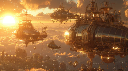 Fantasy steampunk airships float amongst clouds against a dramatic sunset backdrop, evoking adventure and exploration. Resplendent.の素材